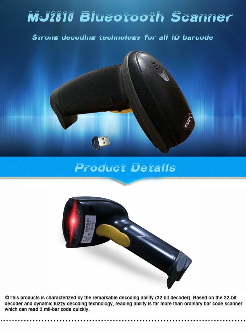 Bluetooth wireless Barcode Scanner, 1d USB Laser Barcode Scanner, Mj2810