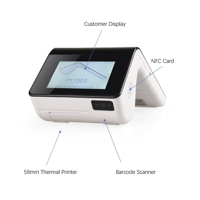 PT7003 Dual Touch Screen Android 5.1 POS System Terminal with Mobile Handhold Printer Scanner and Camera
