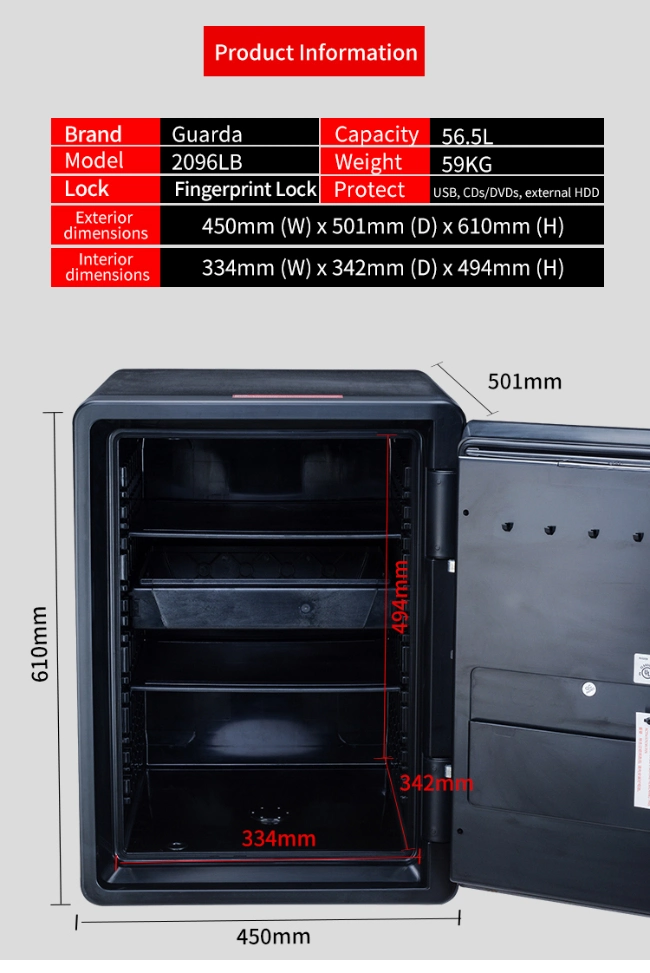 1 Hour Fireproof Waterproof Latest Security Safe Box with Fingerprint Lock