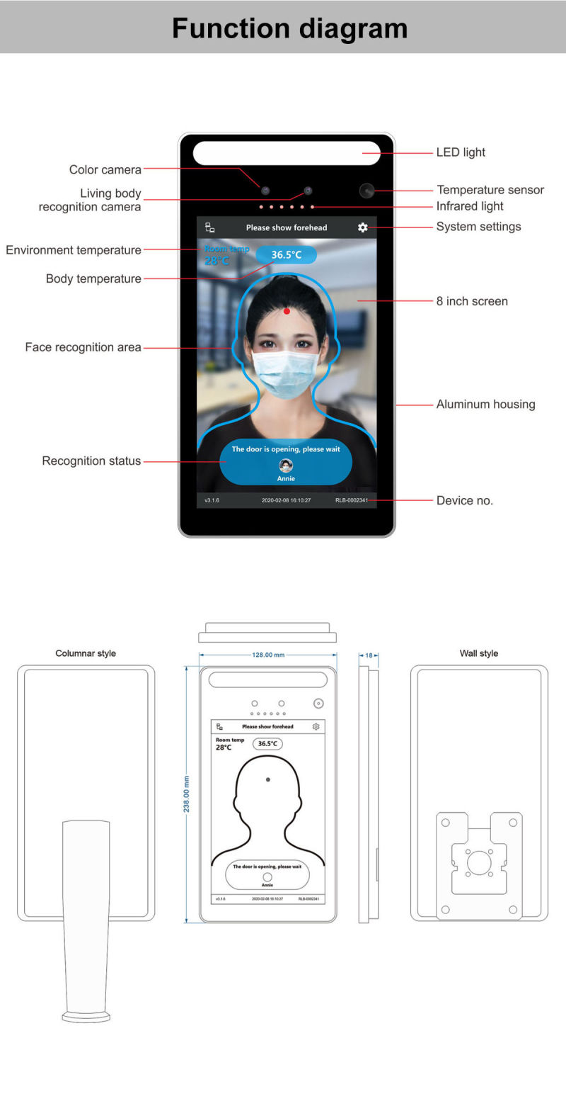 8 Inch Body Temperature Scanner and Face Recognition Integrated Device