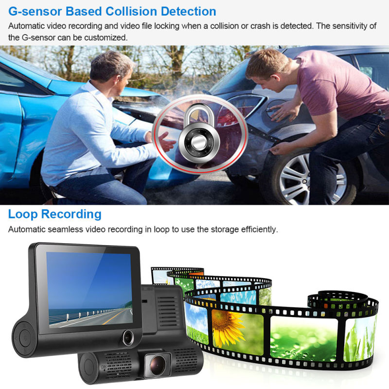 Three Lens Camcorder Dash Camera Support G-Sensor / Motion Detection / Loop Recording