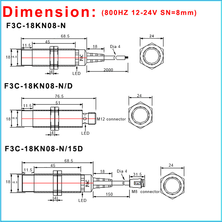 18kn08 M18 Unshielded 8mm Sensing Inductive Sensor Position Proximity Switch