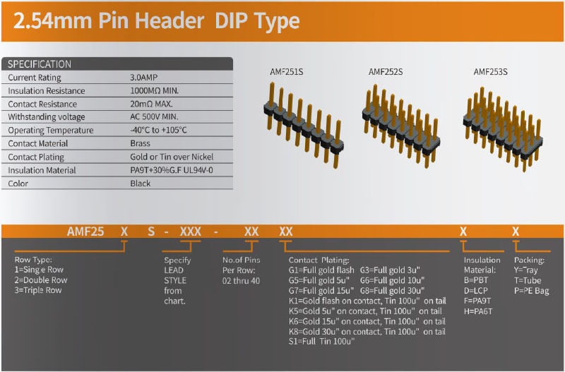Pin Header Single Row Double Rows DIP Type and SMT Type Series Connector with Single Housing/ Dual Housings