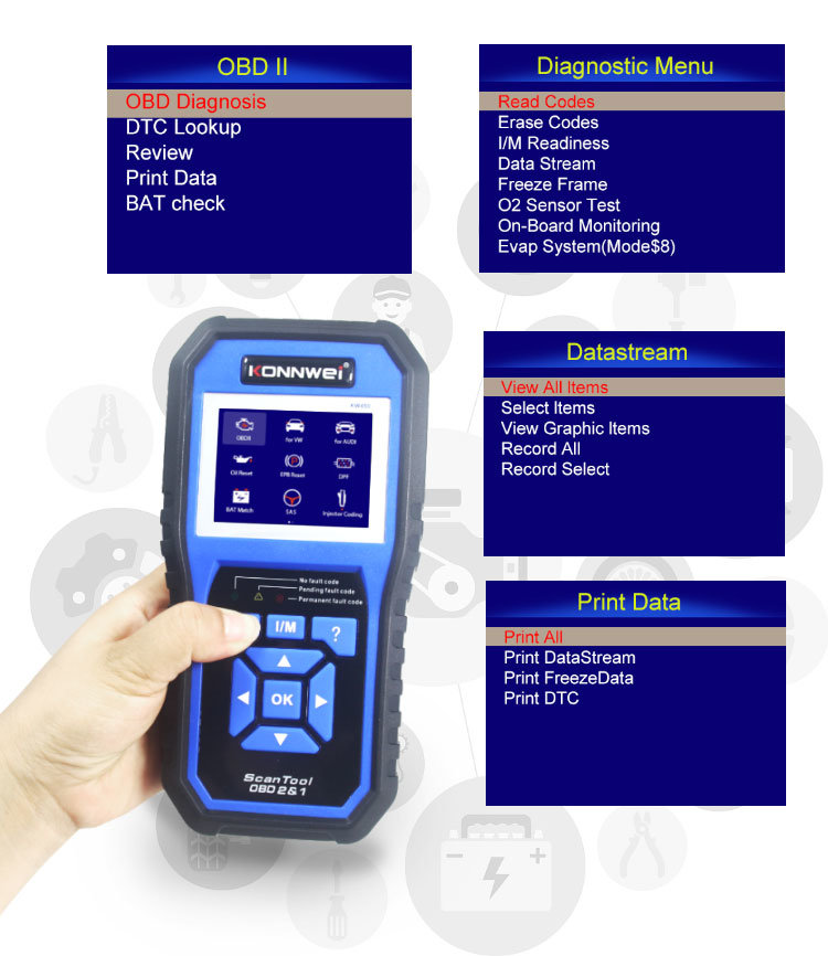Konnwei Kw450 OBD2 Scanner Full Systems Scan Tool Automotive Scanner Reset Functions Code