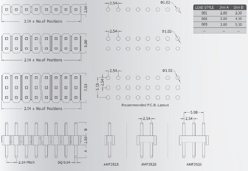 Male Pin Header Single Row Double Rows DIP Type and SMT Type Series Connector with Single Housing and Dual Housings