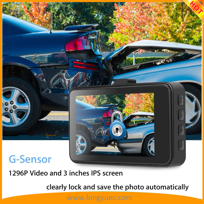 3inch Car Camera with IPS HD Screen FHD1296p Loop Recording G-Sensor Motion Detection