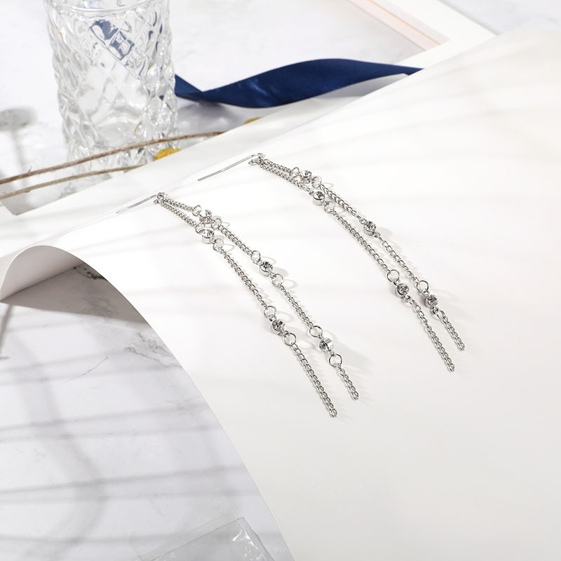 Latest Design Fashion Silver Long Chain Crystal Earrings
