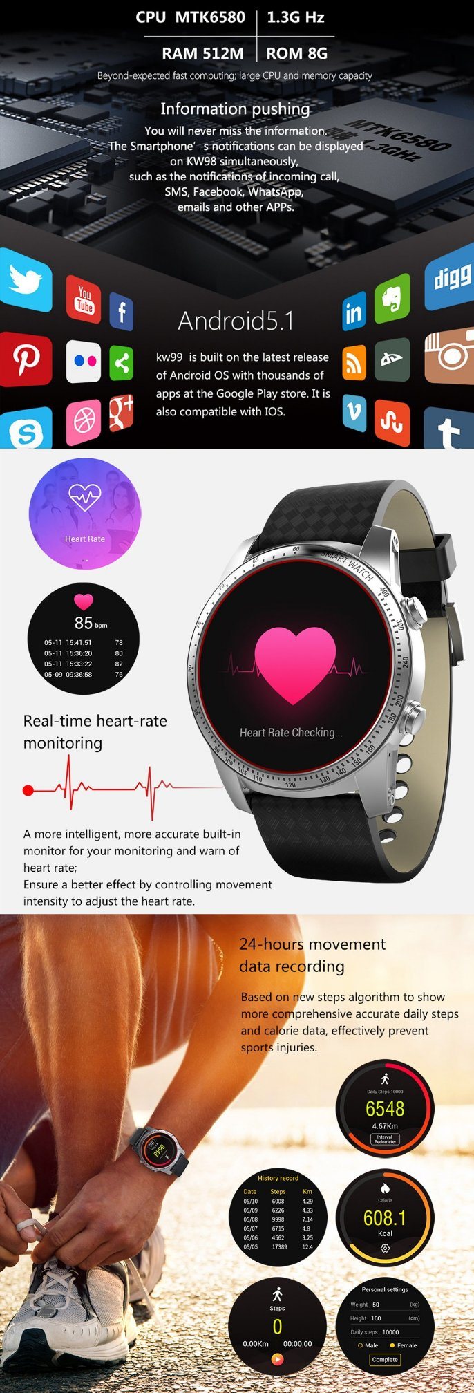 Android 5.1 Luxury 3G GPS Pedometer Smart Watch Kw99 with Heart Rate Monitor Kw99