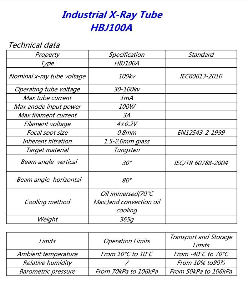 Hbj100A 100kv 0.8/1.5 X-ray Tube for Package Scanner