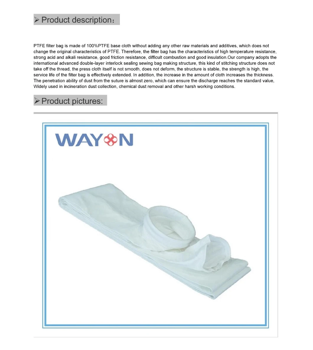 Wayon PTFE Membrane Coating Polyester PP Nomex PPS PTFE Filter Bag