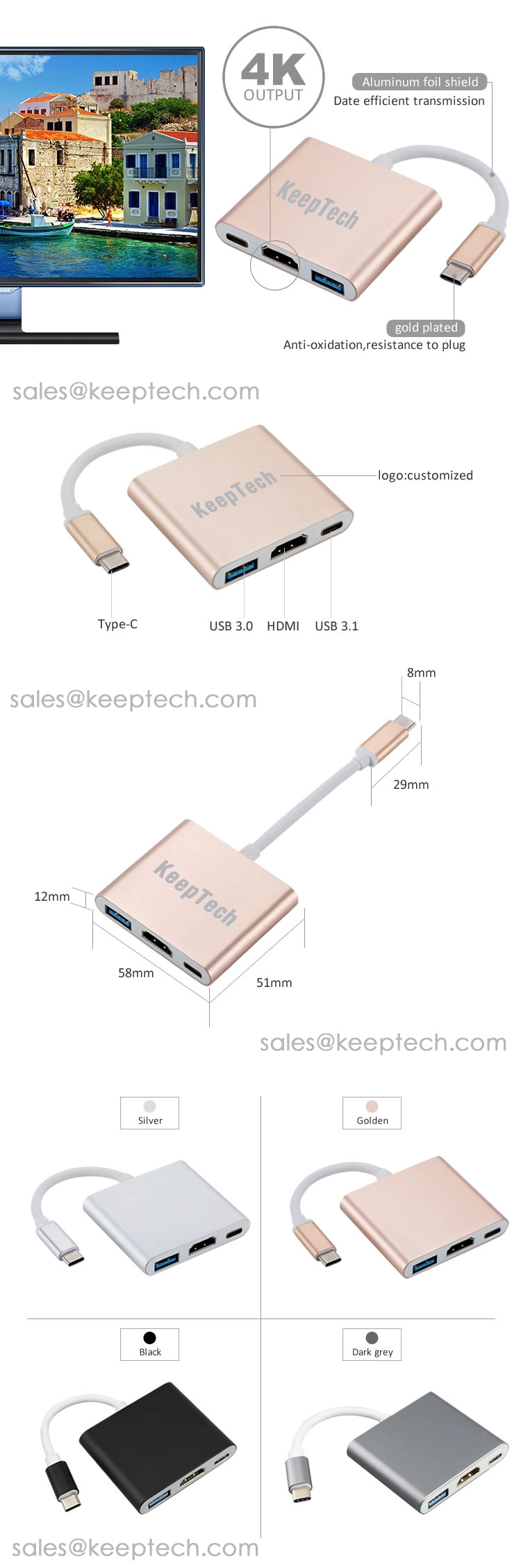 3 in 1 USB3.1 Type-C to HDMI USB3.0 Type-C Pd Charge Hub Adapter Cable