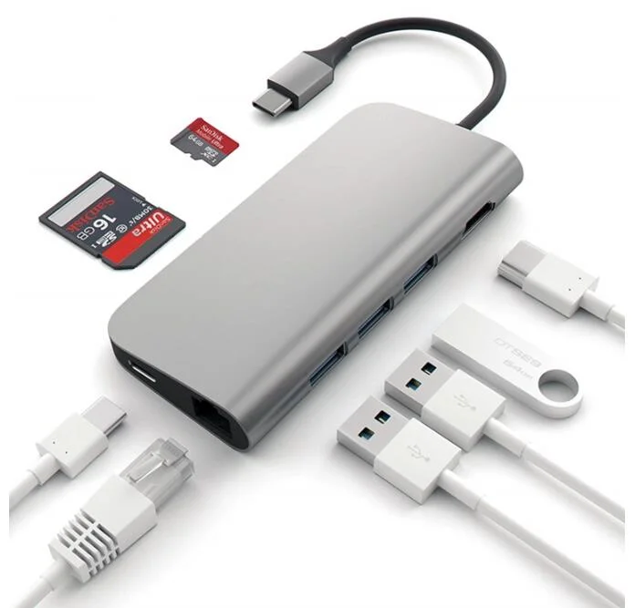 Type C Hub to USB 3.0 Hub with Pd Power HDMI 3.5mm Audio and RJ45 Gigabit Ethernet Adapter
