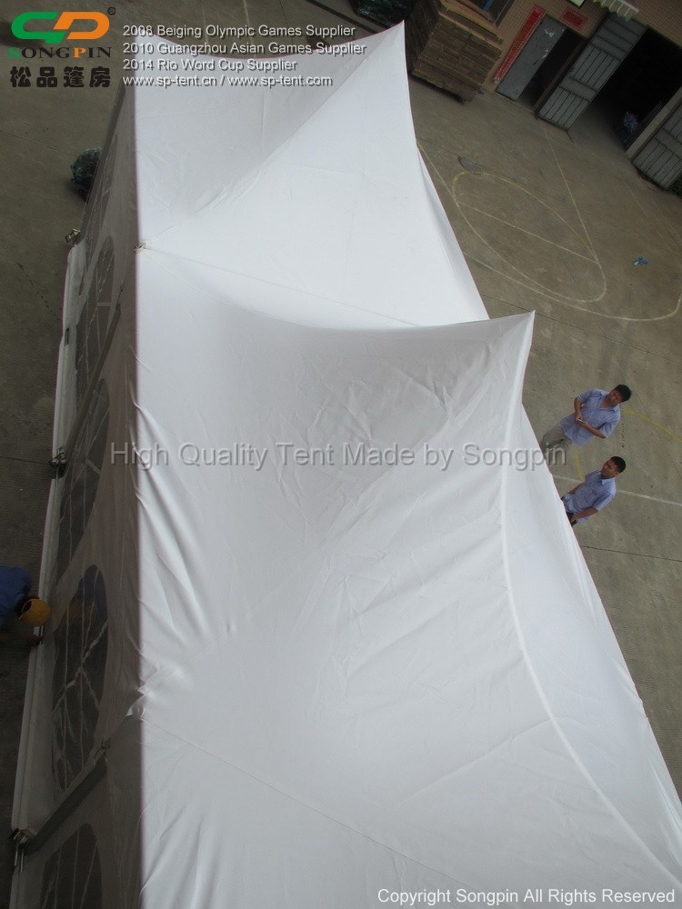 3X3m High Peak Tent and 3X6m Double Peak Tent Side by Side Linked by Rain Gutters with Windows Sidewalls