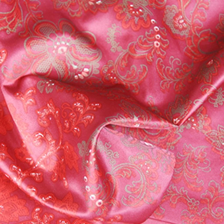 Wholesale New Design Red Luxury Shiny Polyester Gold Floral Satin Printed Fabric Textile