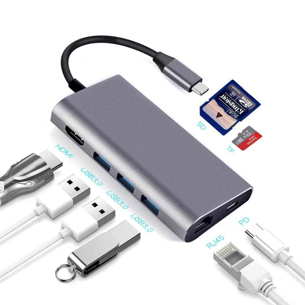 Hot Sell USB C Hub Mac Book Adapter with 3*USB3.0 Pd 60W+SD/TF Card Reader+HD-Mi+RJ45 8 in 1 High Speed Spliter Type C USB Hub