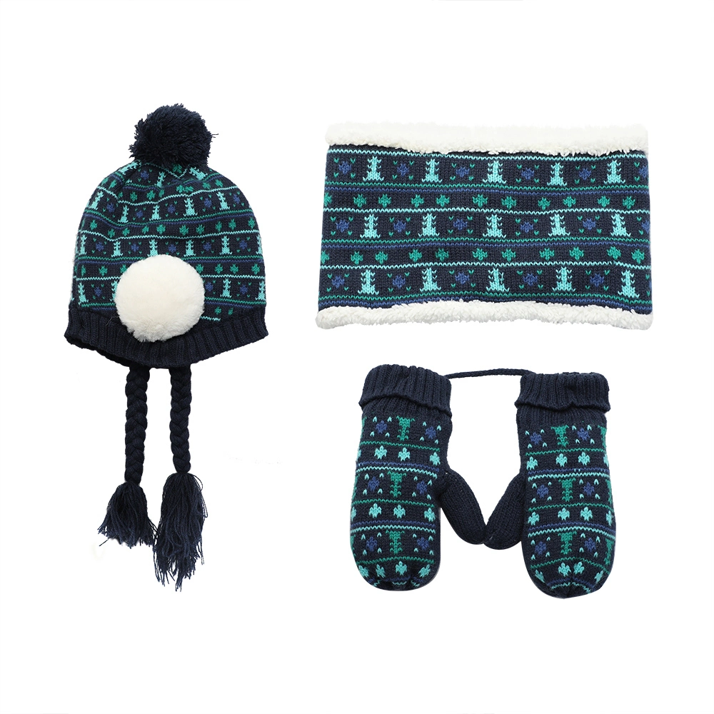 Children Boys Girls Acrylic Winter Knitted Hats Gloves and Scarf Set with Fleece Lining