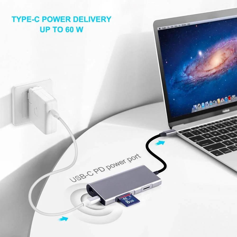 Hot Sell USB C Hub Mac Book Adapter with 3*USB3.0 Pd 60W+SD/TF Card Reader+HD-Mi+RJ45 8 in 1 High Speed Spliter Type C USB Hub