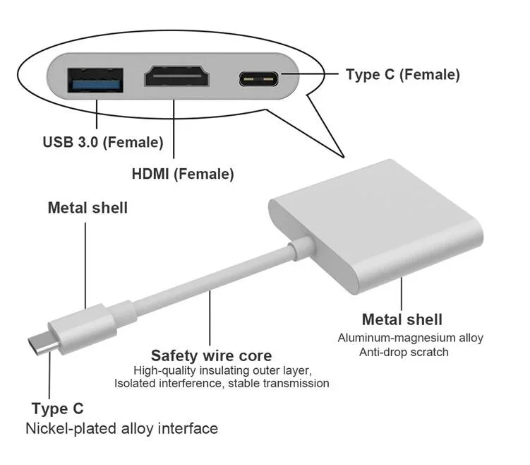 Male USB 3.1 Type C to Female HD Multiport Adapter with USB 3.0 and Power Delivery