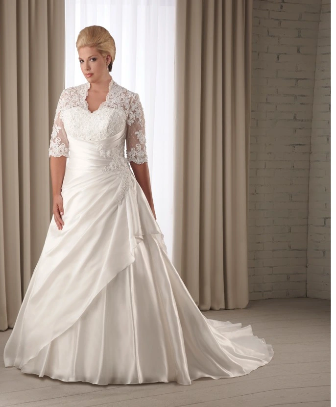 Lace Sleeve Taffeta Bridal Ladies Gowns for Wedding Keyhole Back Plus Size Wedding Dress