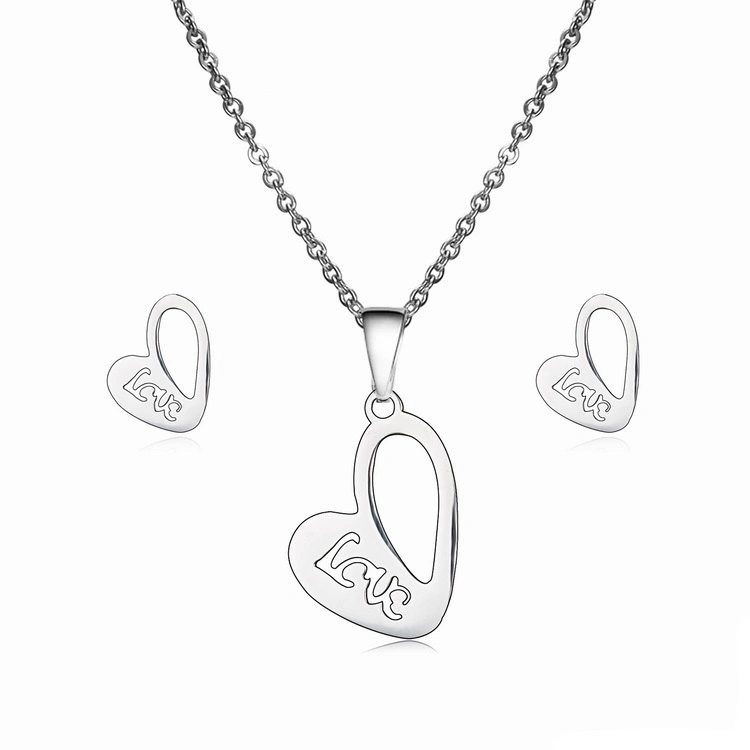 Romantic Cute Letter Love Hollow out Lover Gift Stainless Steel Necklace and Earring Jewelry Set