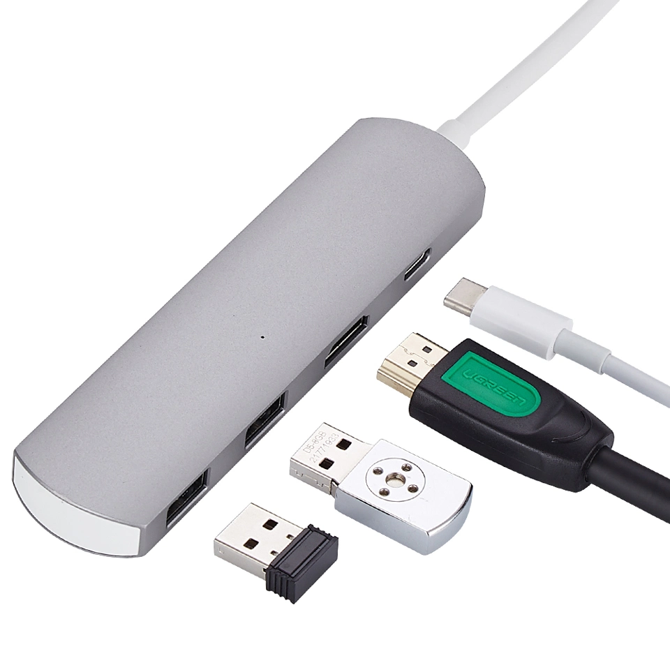 Custom Made Aluminium Type C USB C USB C Type LAN Hub to and 2 USB 3.0 HDMI Type-C in Support of Charging and Data Transmission