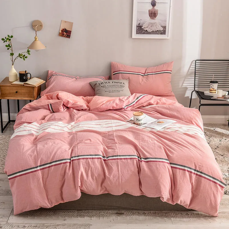 Cheap Price Apartment Color Matching Fashion Style Pink and White Striped Cotton Fabric Bed Sheet