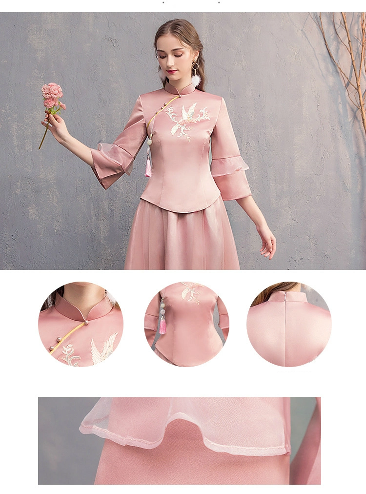 Chinese Style Pink Embroidery Satin Long Sleeve Wedding/Daily Ladies Bridesmaid Dresses