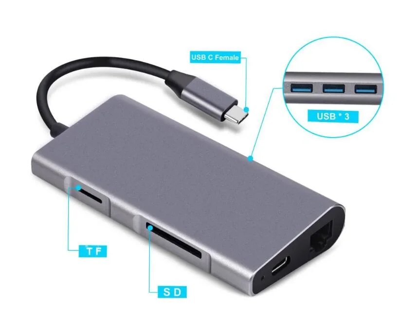 6 in 1 USB-C Laptop Dock Type C Hub 4K USB C to Gigabit Ethernet Adapters 3 USB 3.0 Port Usbc Charging Hub with SD/TF