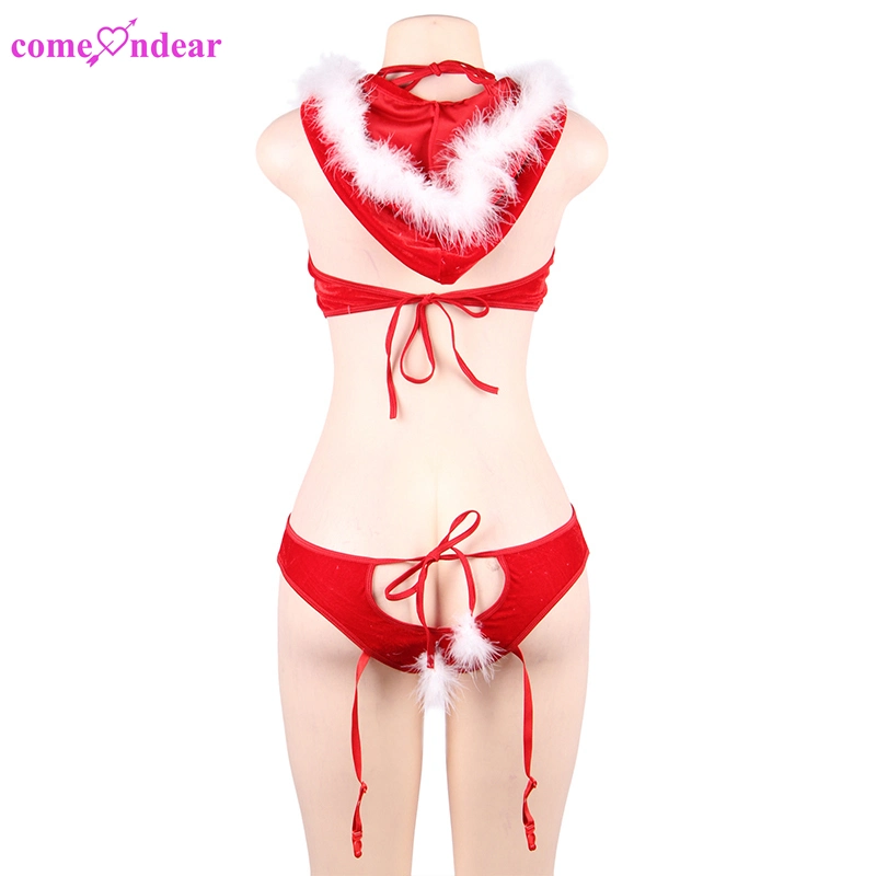 Christmas Red Hoodie Fur Trim Lingerie Garter Belt Sets with Stocking