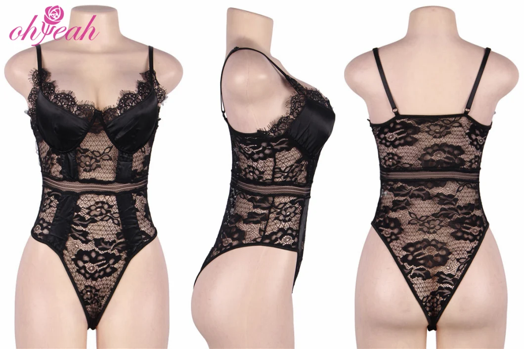 Private Labelo Luxury Satin Embroidered Lace Mesh Sexy Women Body Suit