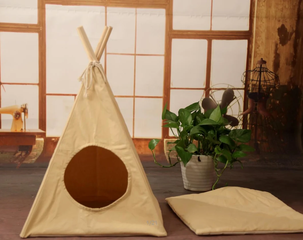 Indoor Wooden Indian Pet Tent for Dog, Puppy, Canvas Pet Cat Dog Tipi Tent Pet Teepee Tent