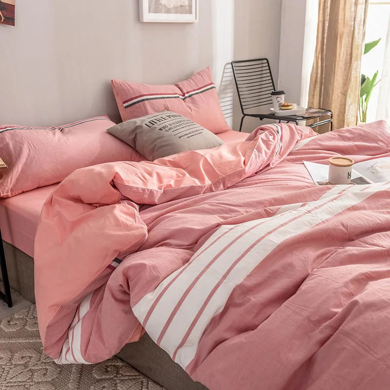 Cheap Price Apartment Color Matching Fashion Style Pink and White Striped Cotton Fabric Bed Sheet