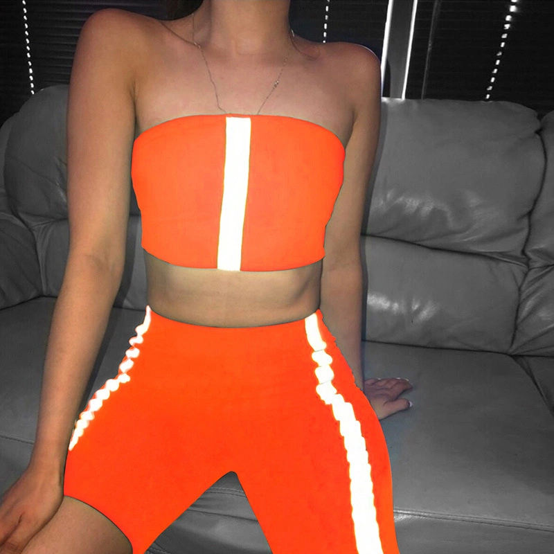 Stretchy Neon Reflective Striped Biker Shorts Set Tracksuit Women Two Piece Fitness Crop Top and Short Matching Sets
