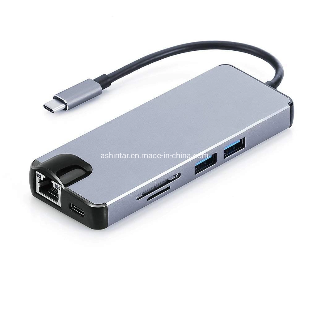 Multiport Adapter 8 in 1 USB 3.1 Type C USB Hub to 4K HDMI RJ45 Pd TF SD Card Reader