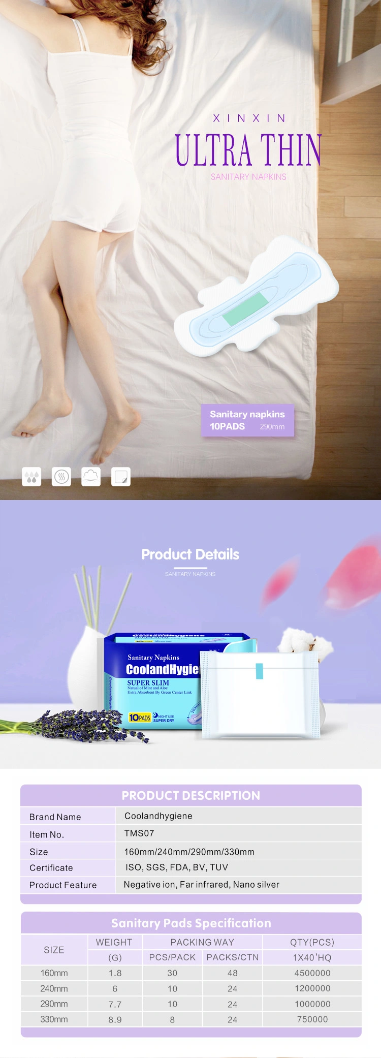 Coolandhygiene Wholesale 290mm Night Use 10 Pads Disposable Women with Wings Sanitary Napkin