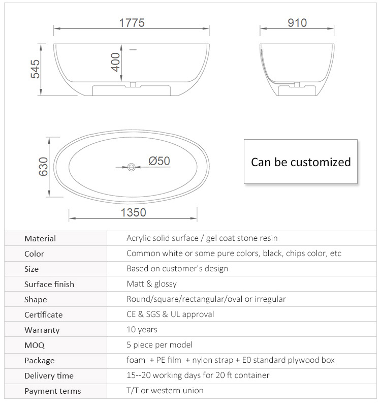 Artificial Stone Acrylic Solid Surface Freestanding Bathtub190103