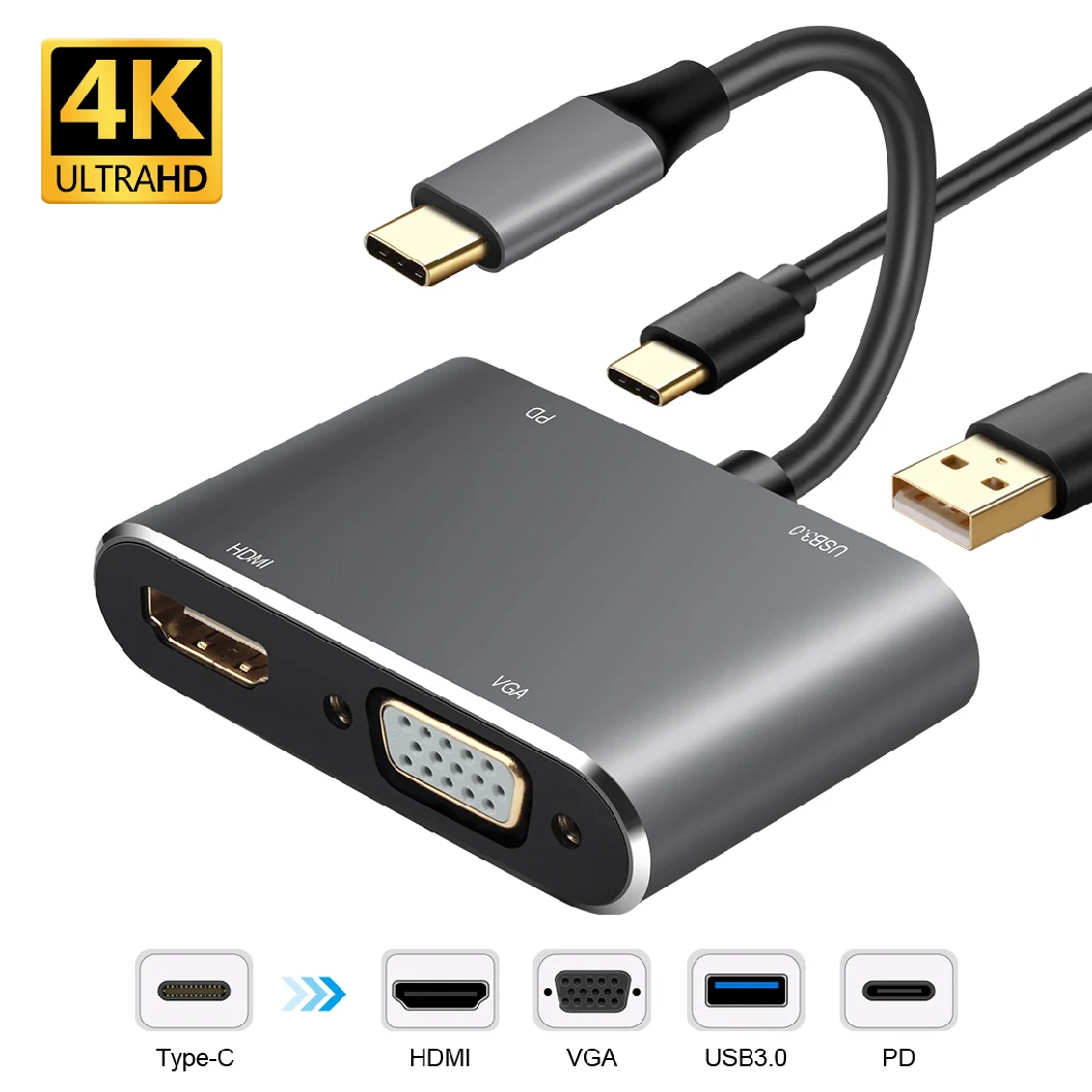 USB-C/Type C to HDMI+VGA+USB3.0+Pd (USB-C Female) Type-C Hub