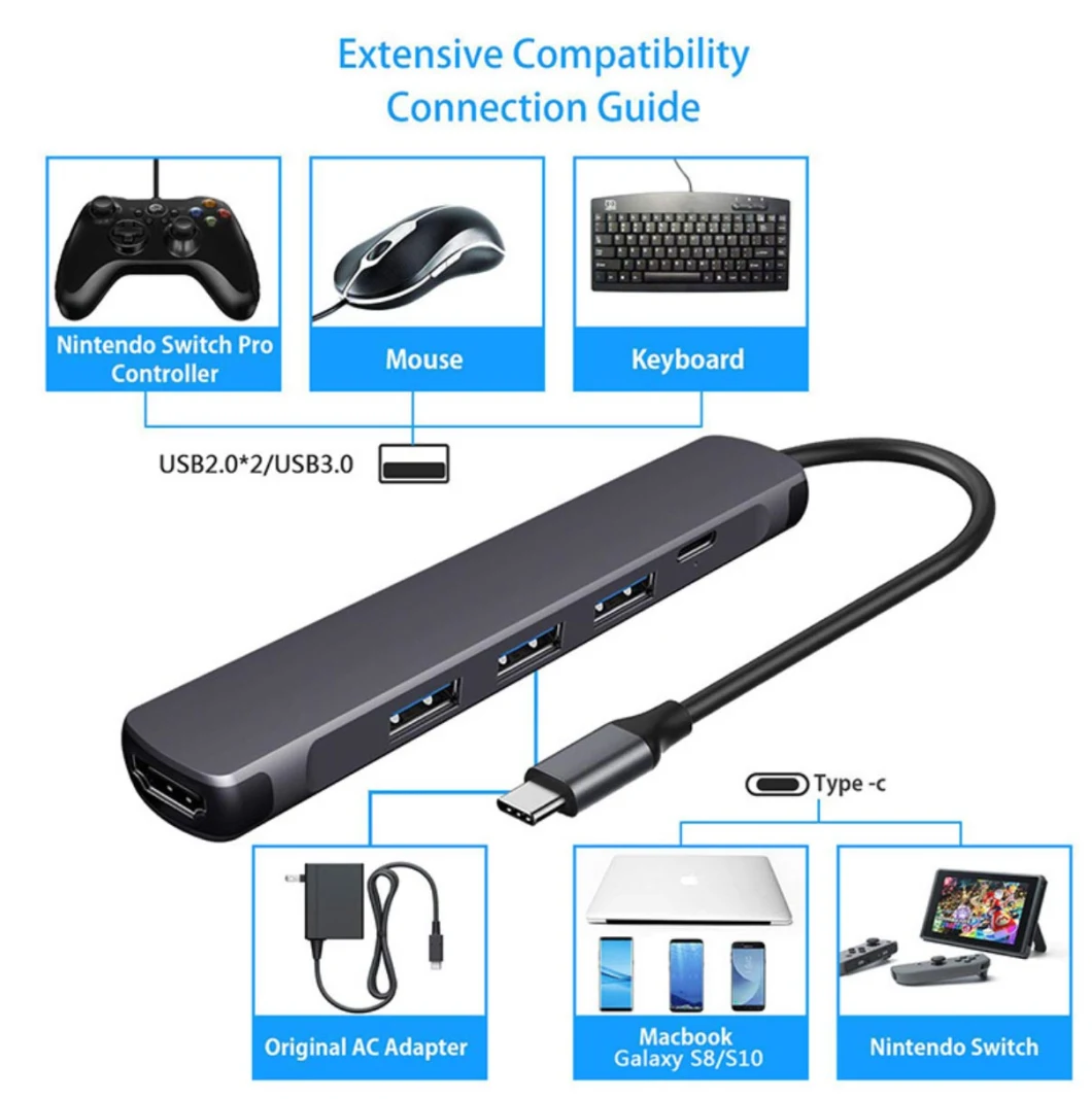 Type-C to HDMI 3 USB with Pd Power Supply 4K HD Hub Converter MacBook Docking Station USB 3.0