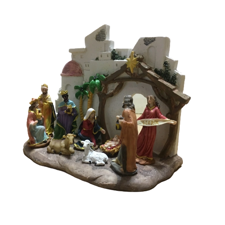 Hg41 Resin Christmas Nativity Set Religious Family Figurines with Lights on