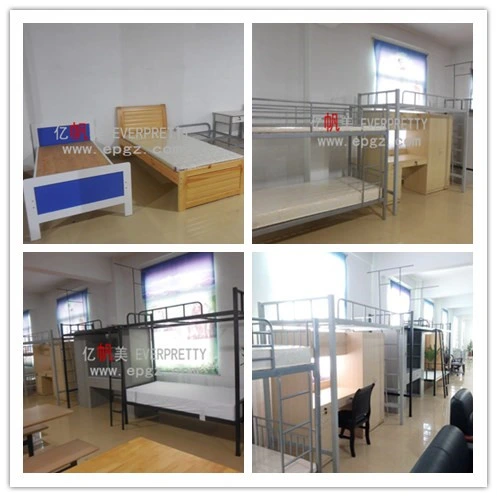 Modern Metal Frame Hostel Bed with Night Stand and Wardrobe Cabinets and Desk Chair Set Furniture