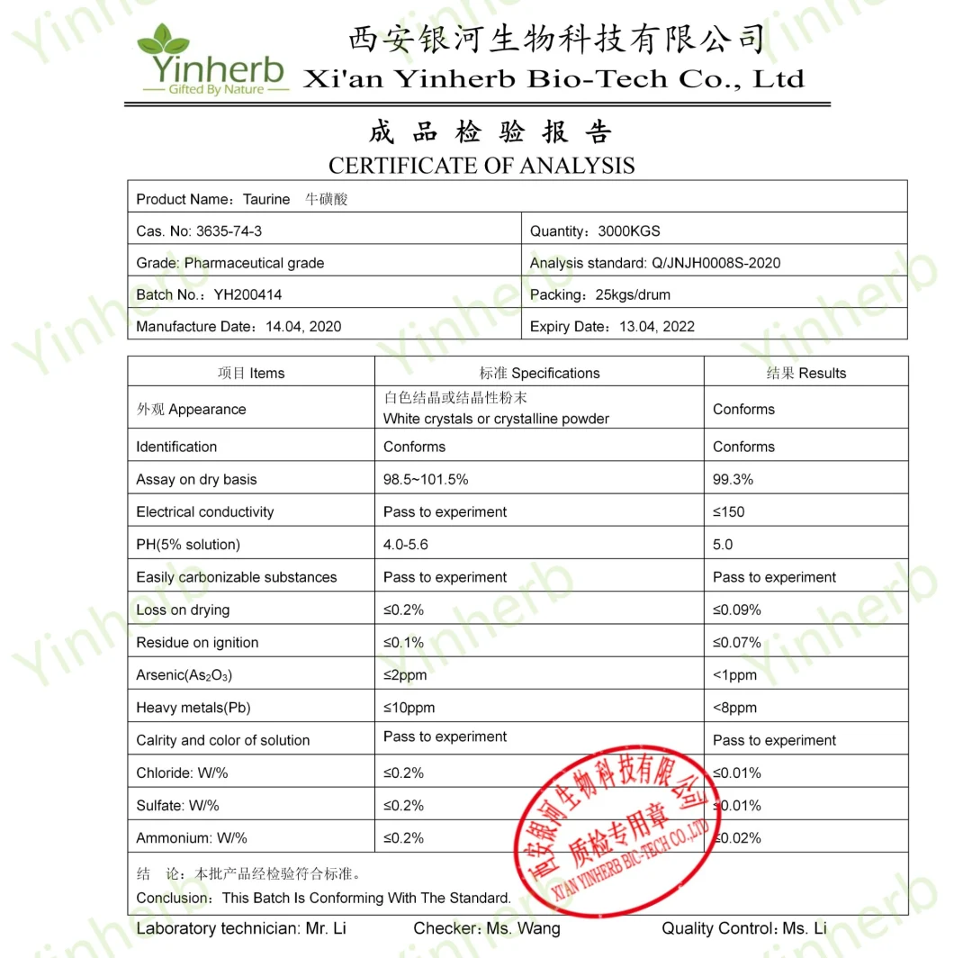 Factory Supply Food Ingredients Taurine Food Grade for Health Product CAS: 107-35-7