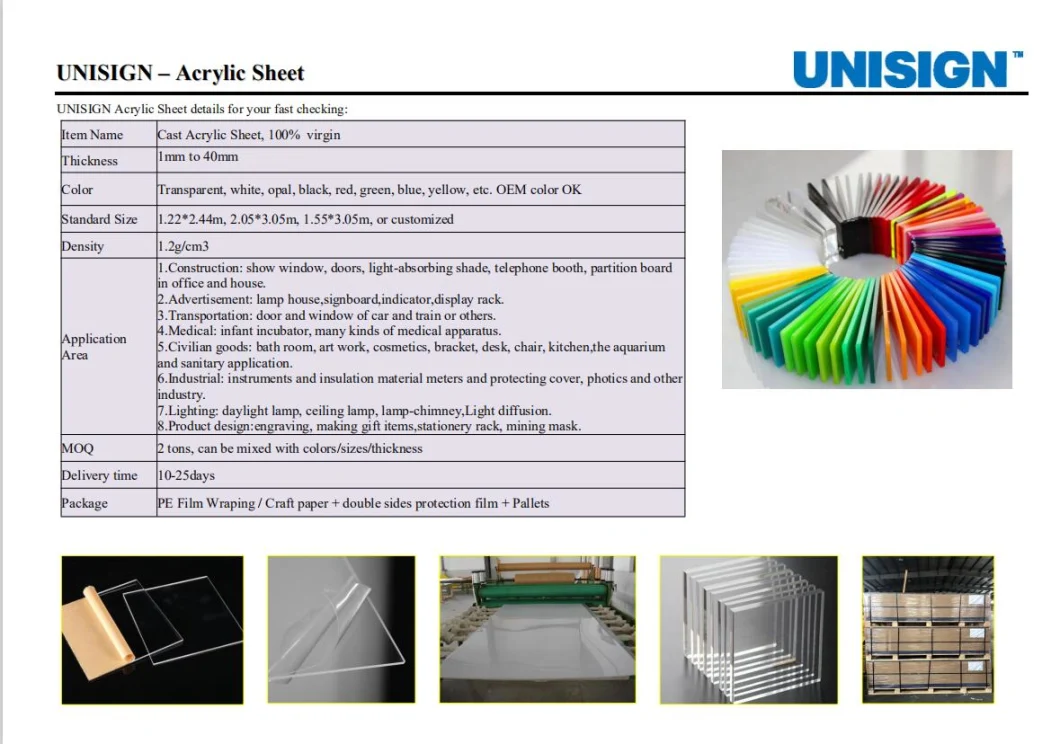 Unisign PVC Acrylic Board Color Plastic Cast Acrylic Sheet Clear Acrylic Sheet 1-30mm