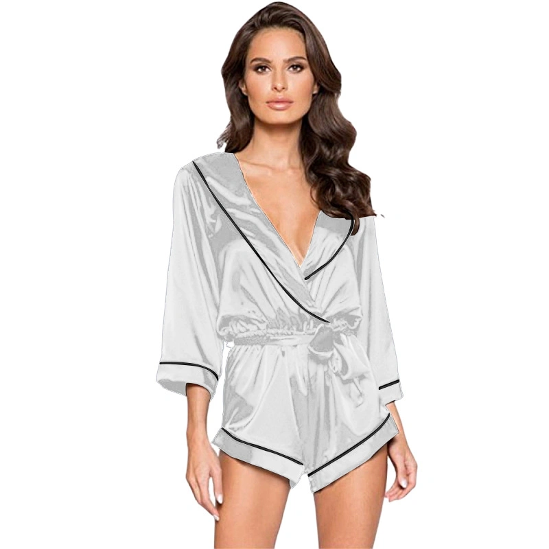 Summer Satin Pajamas Sleepwear Solid V Neck Long Slee New Arrivals Womens Ve Pj Set Nightwear Romper