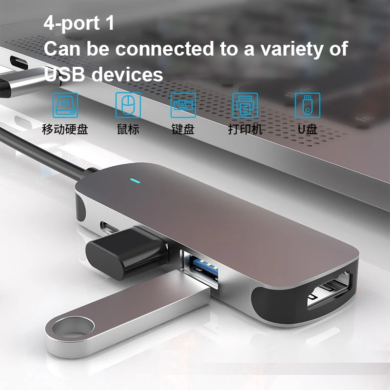 Aluminum Alloy USB Hub USB-C Docking Station 4 in 1 for USB3.0+HDMI 4K+Pd Charging Multifunctional Adapter