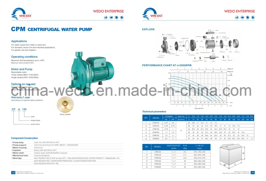 High Quality (0.55KW/0.75HP) Cpm-146 Centrifugal Water Pump Domestic Water Pump