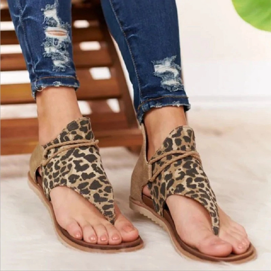 Womens Ladies Flat Casual Sandals Open Toe Leopard Fashion Sandals Posh Vintage Leopard Flip Flop T-Strap Sandals with Zipper Comfy Summer Sandals Esg13831