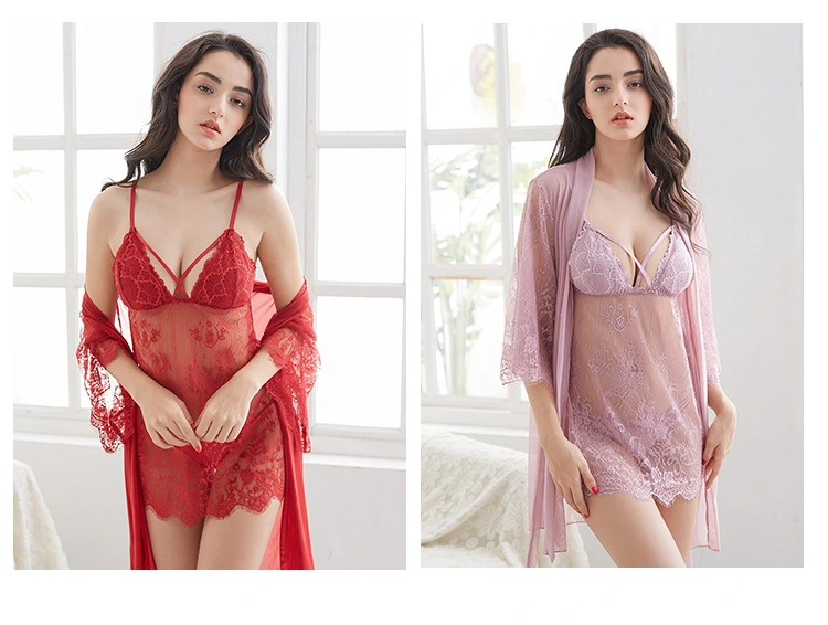 Wholesales New Sexy Underwear Lace Summer Thin 3 Piece Sets Condole Belt Nightgown Sexy Pajamas