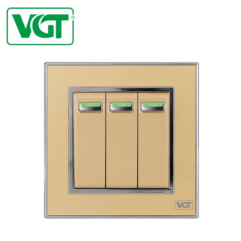 BS 3 Gang 2 Way 10A Electrical Light Wall Switch with Acrylic Gold PC Panel