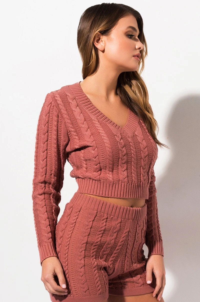 Women Fashion Cable Knit Oversize Top and Pants Pajamas Set Sexy Sweaters