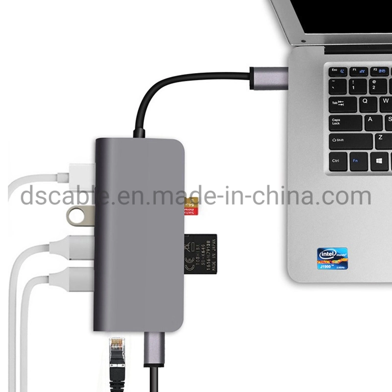 8 in 1 USB-C Docking Station Type-C Hub with 4K HDMI 3ports USB3.0 RJ45 Pd Charging SD/TF Cardreader Gigabit LAN